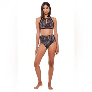 Sanctuary Swim Here Kitty Kitty Keyhole Hi Neck Top & High Waist Bottoms Size M